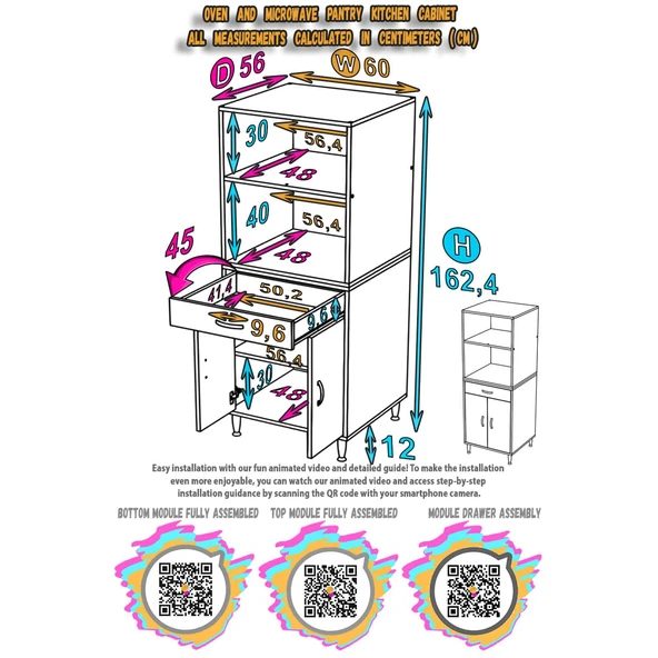 Modilayn OSLO 60x162,4x56 cm 1 Çekmece, 2 Kapaklı. Mutfağınıza Yer Açan Fırın / Mikrodalga Dolabı. - 5