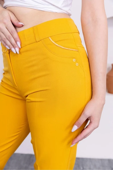 Cep Detaylı Bilek Boy Kadın Kumaş Pantolon 0101-Sarı - 6