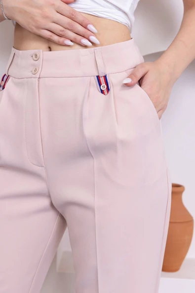 Pile Detaylı Duble Paça Kadın Kumaş Pantolon 324-Bej - 5