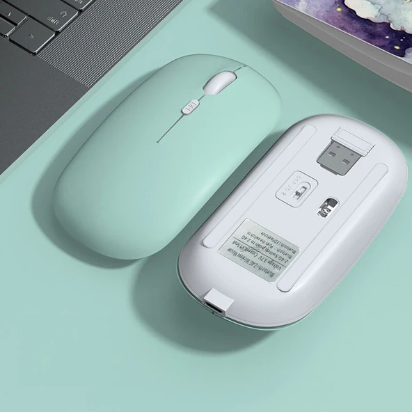 Xiaomi Tablet Şarj Edilebilir Sessiz Mouse Bluetooth + 2.4Hz Wifi Kablosuz Mouse Fare  Turkuaz - 2
