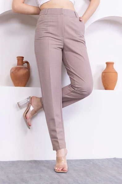 Cep Detaylı Örme Kumaş Kadın Pantolon 0040-Vizon - 2