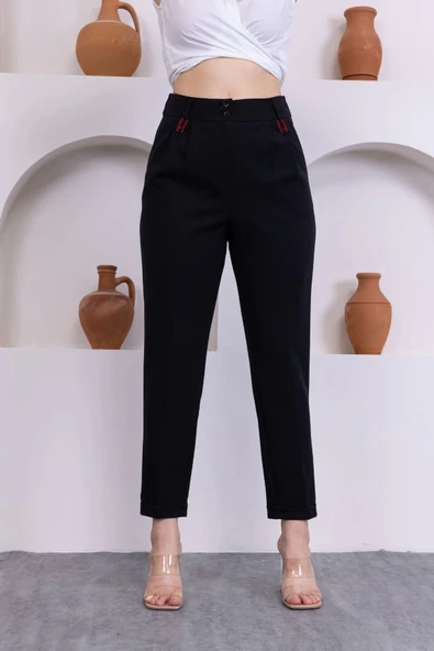 Pile Detaylı Duble Paça Kadın Kumaş Pantolon 324-Siyah - 4