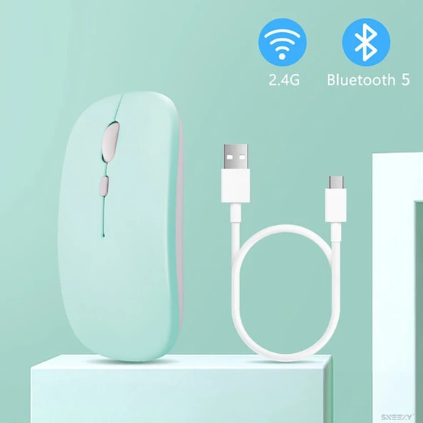 Xiaomi Tablet Şarj Edilebilir Sessiz Mouse Bluetooth + 2.4Hz Wifi Kablosuz Mouse Fare  Turkuaz - 3
