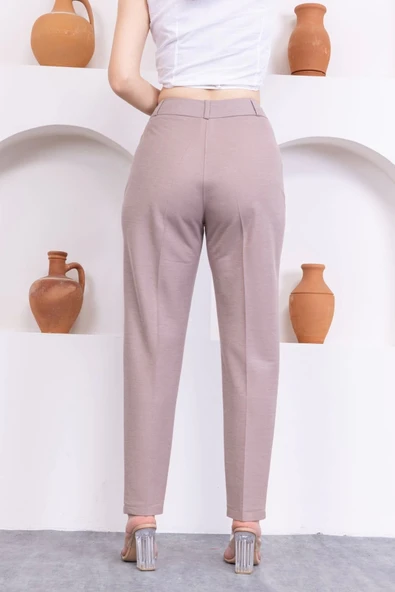 Cep Detaylı Örme Kumaş Kadın Pantolon 0040-Vizon - 5