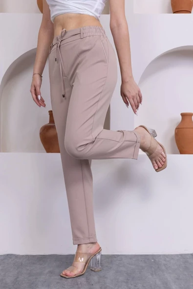 Bağlama Detaylı Beli Lastikli Kadın Kumaş Pantolon 326-Vizon - 2