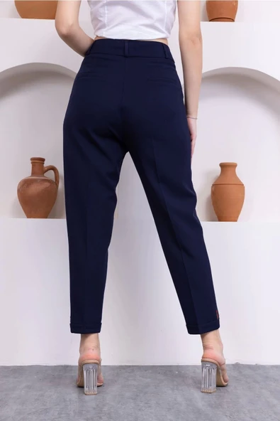Pile Detaylı Duble Paça Kadın Kumaş Pantolon 324-Lacivert - 6