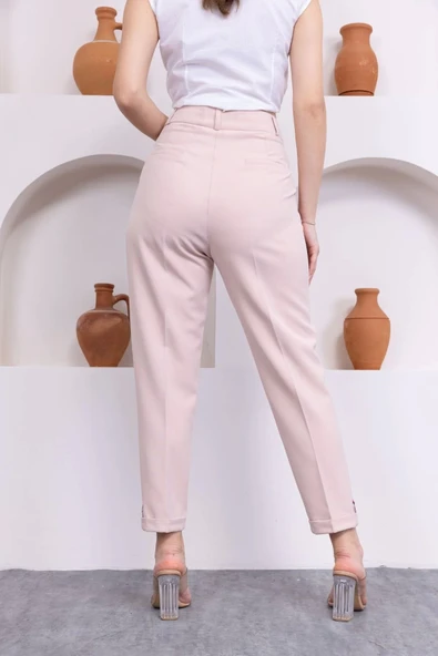 Pile Detaylı Duble Paça Kadın Kumaş Pantolon 324-Bej - 6