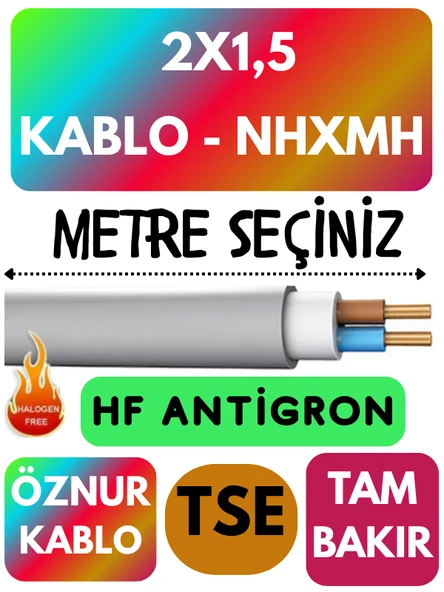 Öznur 2x1,5 NHXMH (ALEV İLETMEZ) Kablo Metre Seçenekli (Gri)