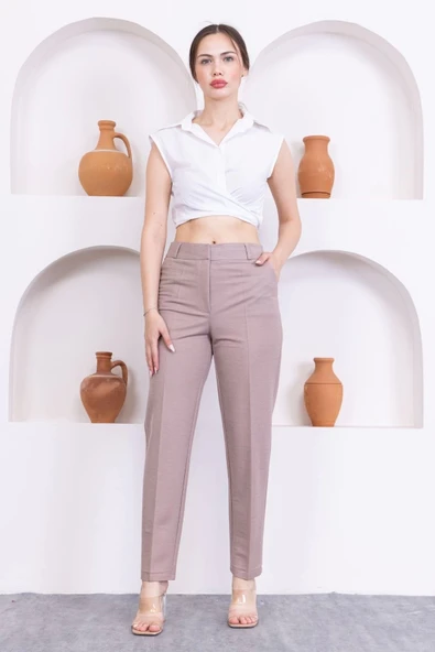 Cep Detaylı Örme Kumaş Kadın Pantolon 0040-Vizon