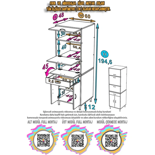 Modilayn ENNET: 60x194.6x48 cm. Ekmeklikli Kiler Dolabı. 1 Çekmece, 5 Kapaklı. Mutfağınıza Özel - Resim 4