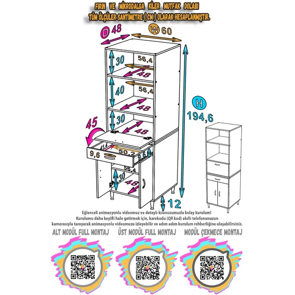 Modilayn ENNET: 60x194.6x48 cm Fırın / Mikrodalga Dolabı 1 Çekmece, 3 Kapaklı. Mutfağınıza Yer Açın! - Resim 4