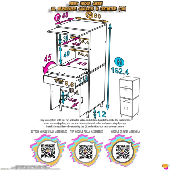 Modilayn OSLO 60x162,4x48 cm 1 çekmece, 4 kapak. Mutfağınıza Özel Ekmeklikli Kiler Dolabı. - Resim 5