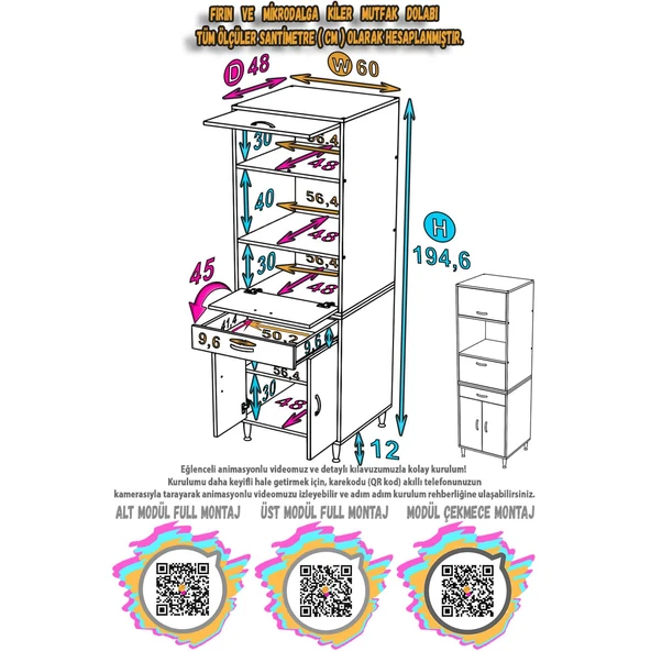 Modilayn ENNET: 60x194.6x48 cm Fırın / Mikrodalga Dolabı 1 Çekmece, 4 Kapaklı. Mutfağınıza Yer Açın! - Resim 4