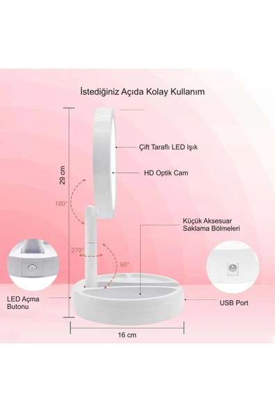 10X Büyütme Çift Taraflı Makyaj Ayna Katlanabilir 21 LED Işıklı Makyaj Aynası USB Kablo - 4