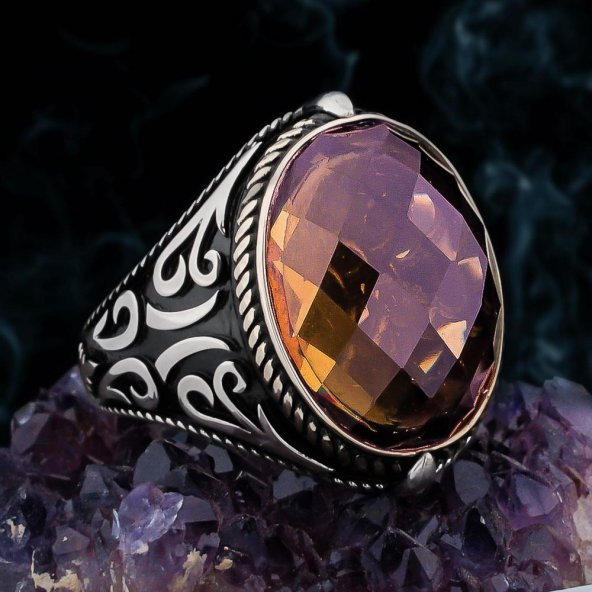 Zultanit Taşlı Desenli 925 Ayar Gümüş Erkek Yüzük ürün görseli