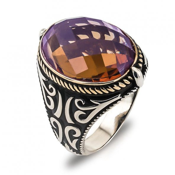 Zultanit Taşlı Desenli 925 Ayar Gümüş Erkek Yüzük - Resim 3