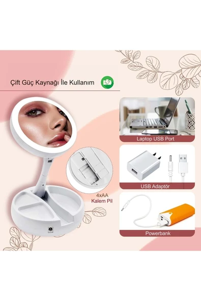 10X Büyütme Çift Taraflı Makyaj Ayna Katlanabilir 21 LED Işıklı Makyaj Aynası USB Kablo - 7