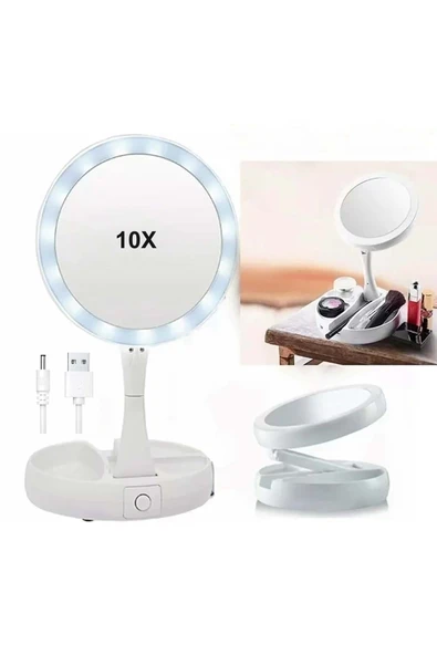 10X Büyütme Çift Taraflı Makyaj Ayna Katlanabilir 21 LED Işıklı Makyaj Aynası USB Kablo - 2