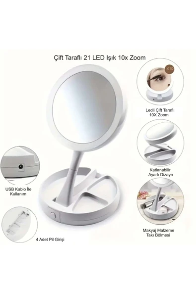 10X Büyütme Çift Taraflı Makyaj Ayna Katlanabilir 21 LED Işıklı Makyaj Aynası USB Kablo - 3