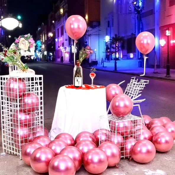 25 ADET PEMBE KROM BALON PARLAK METALİK BALON KROM PEMBE BALON HELYUM GAZINA UÇAN BALONA UYGUNDUR - 4