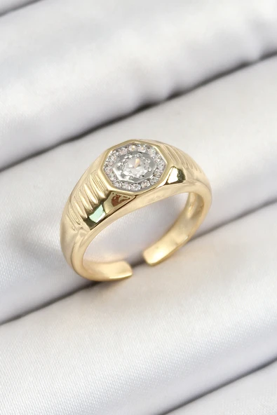 Pirinç Zirkon Taşlı Sekizgen Model Gold Renk Kadın Yüzük - TJ-BYK3796