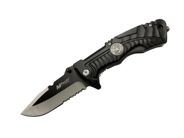 4-12-2 Siyah Kurtarma / Kamp Çakısı 21cm- Yarı Otomatik, Testere Detaylı, Cam Kırma Aparatlı, Kemerlikli