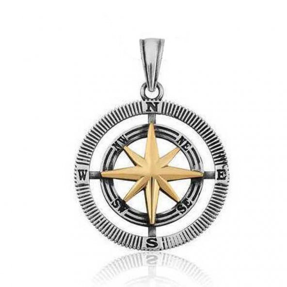 Çift Taraflı 925 Ayar Gümüş Pusula Kolye Ucu - 3