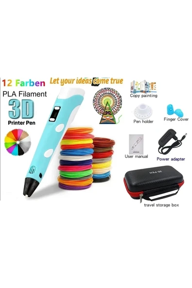 3d Pen Üç Boyutlu Yazıcı Kalem Printer (12 Adet 3 Metre Filament -36 Metre Led Ekranlı Adatörlü - 2