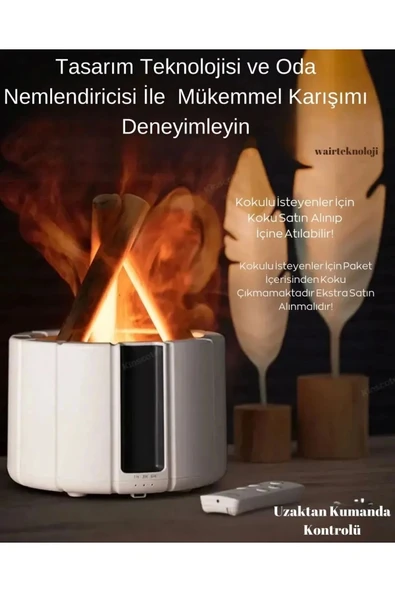 250 Ml Alev Görüntülü Bonfire Oda Nemlendirici Şık Tasarım Uzaktan Kumanda Kontrollü Beyaz - 2