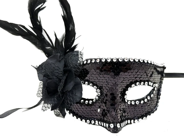 Siyah Renk Yandan Tüylü Güllü Gümüş Taşlı Pullu Maske 20x22 Cm - 2
