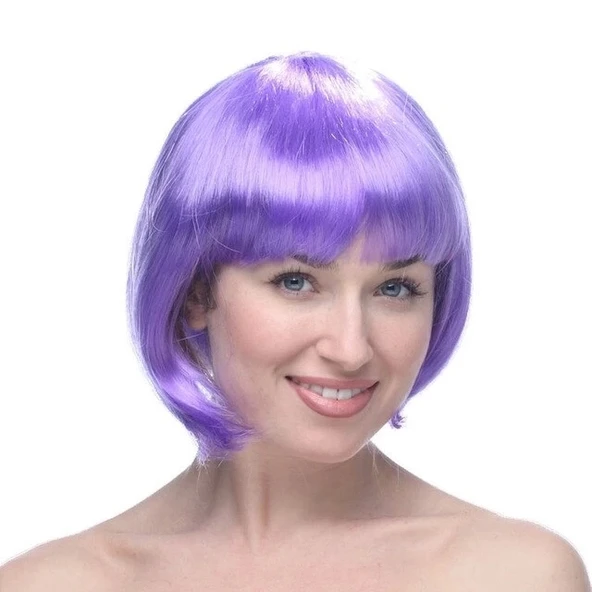 Lila Renk Kısa Model Parti Peruğu - Lila Renk Küt Saç - 1