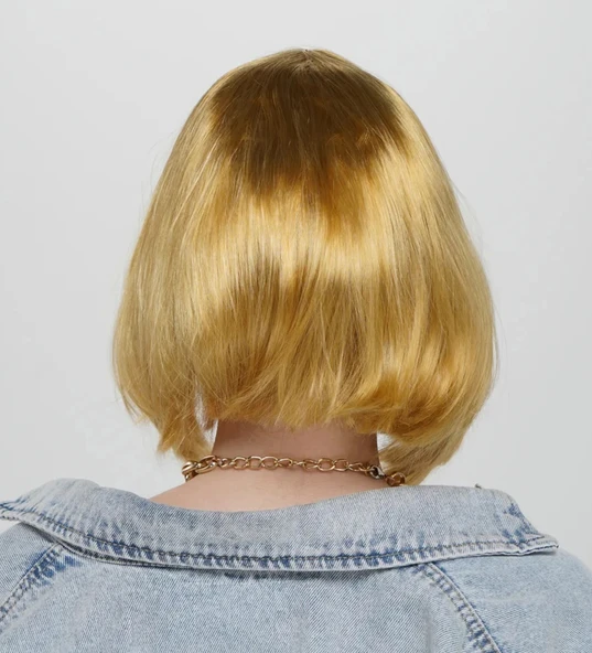 Altın Renk Düz Kesim Küt Parti Peruğu Kısa Takma Saç - Resim 2