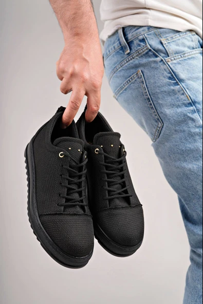Siyah Cool Bağcıklı Keten Erkek Günlük Spor Klasik Ayakkabı - 4
