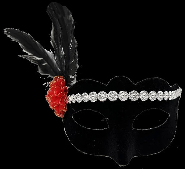 Siyah Renk Süet Kaplama Gümüş Dantelli Kırmızı Gül Tasarımlı Parti Maskesi 18x20 Cm ürün görseli 1