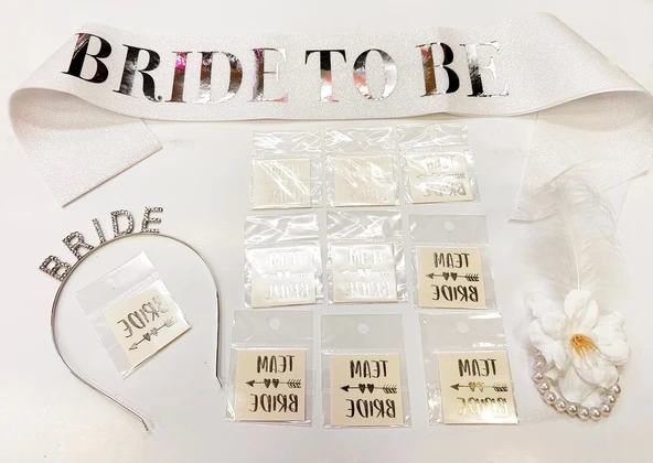 Gümüş Renk Bride Partisi Taç Kuşak Dövme Bileklik Seti Full 13 Parça - 2