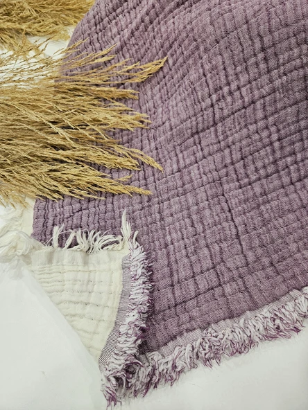 Mor 7 Katlı Çift Taraflı Dolgulu Çift Kişilik Müslin Battaniye %100 Pamuk 230x240 cm - 3