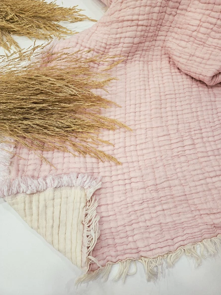 Pembe 7 Katlı Çift Taraflı Dolgulu Çift Kişilik Müslin Battaniye %100 Pamuk 230x240 cm - 2