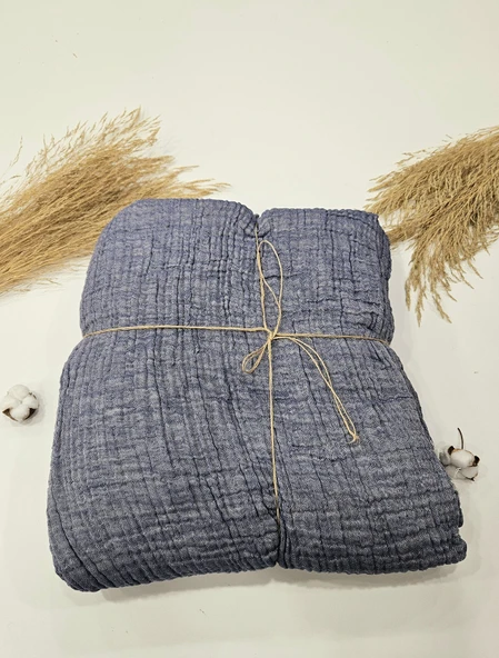 Denim Mavi 4 Katlı Çift Taraflı Çift Kişilik Müslin Battaniye %100 Pamuk 230x240 cm - 2