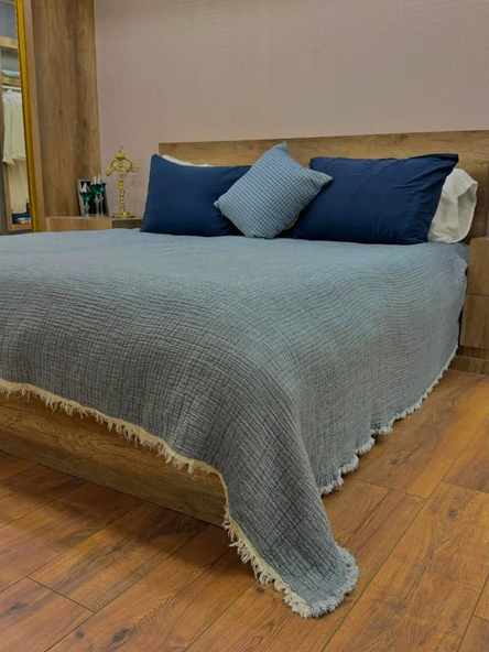 Mavi 4 Katlı Çift Taraflı Tek Kişilik Müslin Battaniye %100 Pamuk 270x170 cm