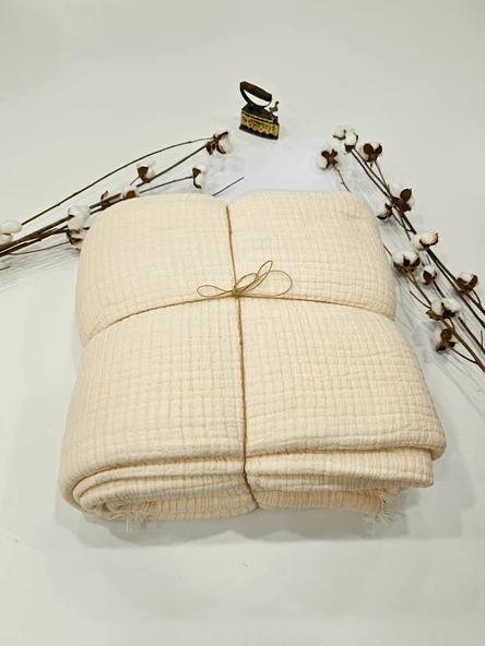 Krem 7 Katlı Çift Taraflı Dolgulu Çift Kişilik Müslin Battaniye %100 Pamuk 230x240 cm - 2