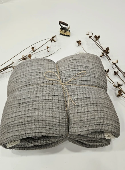 Gri 7 Katlı Çift Taraflı Dolgulu Çift Kişilik Müslin Battaniye %100 Pamuk 230x240 cm