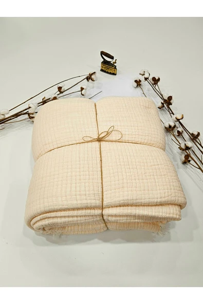 Krem 7 Katlı Çift Taraflı Dolgulu Çift Kişilik Müslin Battaniye %100 Pamuk 230x240 cm - 2