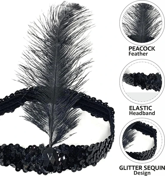 Siyah Renk Çarliston Başlık 90 Lı Yıllar 80 Li Yıllar Tüylü Saç Bandı - Resim 3