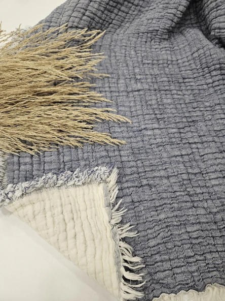 Denim Mavi 7 Katlı Çift Taraflı Dolgulu Çift Kişilik Müslin Battaniye %100 Pamuk 230x240 cm