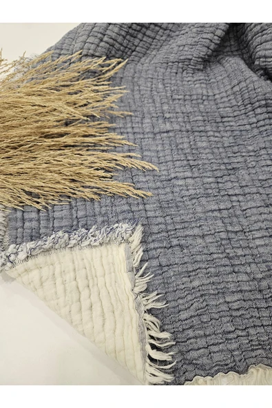 Denim Mavi 7 Katlı Çift Taraflı Dolgulu Çift Kişilik Müslin Battaniye %100 Pamuk 230x240 cm - 2