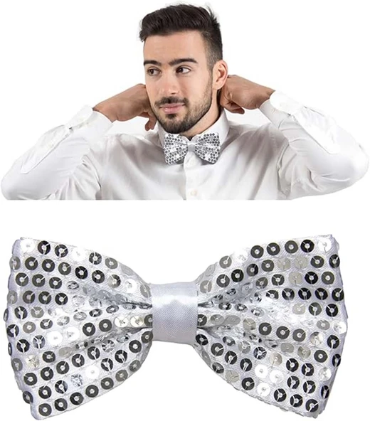 Gece Işıltısı Gümüş Payetli Pullu Papyon 7x2 Cm - 4