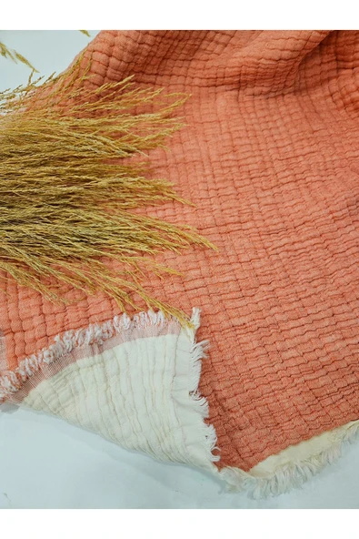 Mercan Renk 7 Katlı Çift Taraflı Dolgulu Çift Kişilik Müslin Battaniye %100 Pamuk 230x240 cm - Resim 2