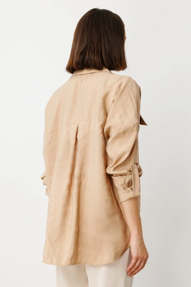 On Minimalist Oversize 3/4 Kol Cep Detaylı Kadın Bluz - Günlük Tarz - 3