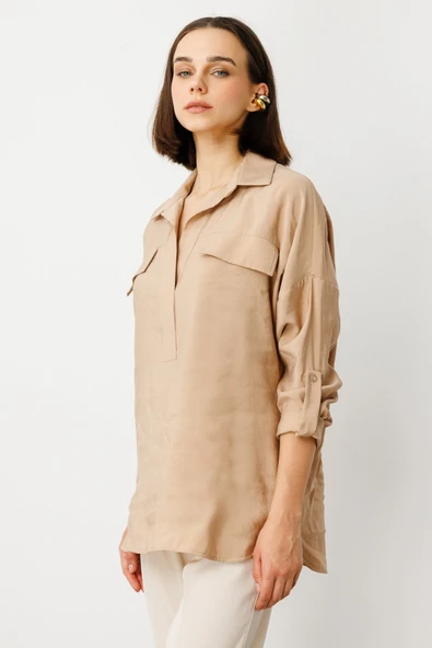 On Minimalist Oversize 3/4 Kol Cep Detaylı Kadın Bluz - Günlük Tarz - 2