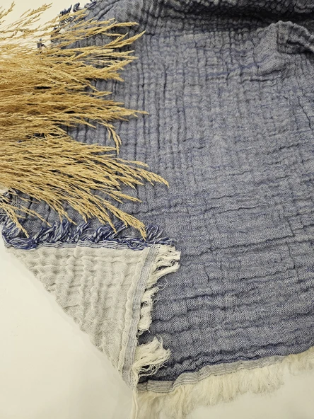 Denim Mavi 4 Katlı Çift Taraflı Çift Kişilik Müslin Battaniye %100 Pamuk 230x240 cm - 3